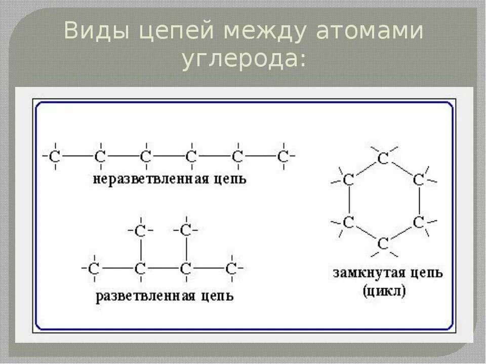 Углеродные цепи в органической химии. Разветвлённая и неразветвлённая цепь углеродных атомов. Линейные Цепочки углеродного скелета. Типы цепей в органической химии.