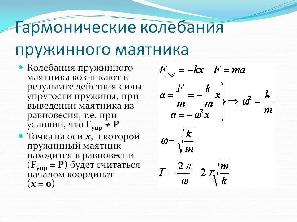 Формула максимальной скорости колебания пружинного маятника. Уравнение свободных колебаний пружинного маятника формула. Период свободных колебаний пружинного маятника формула. Уравнение гармоничных колебаний пружинного маятника. Максимальное смещение тела