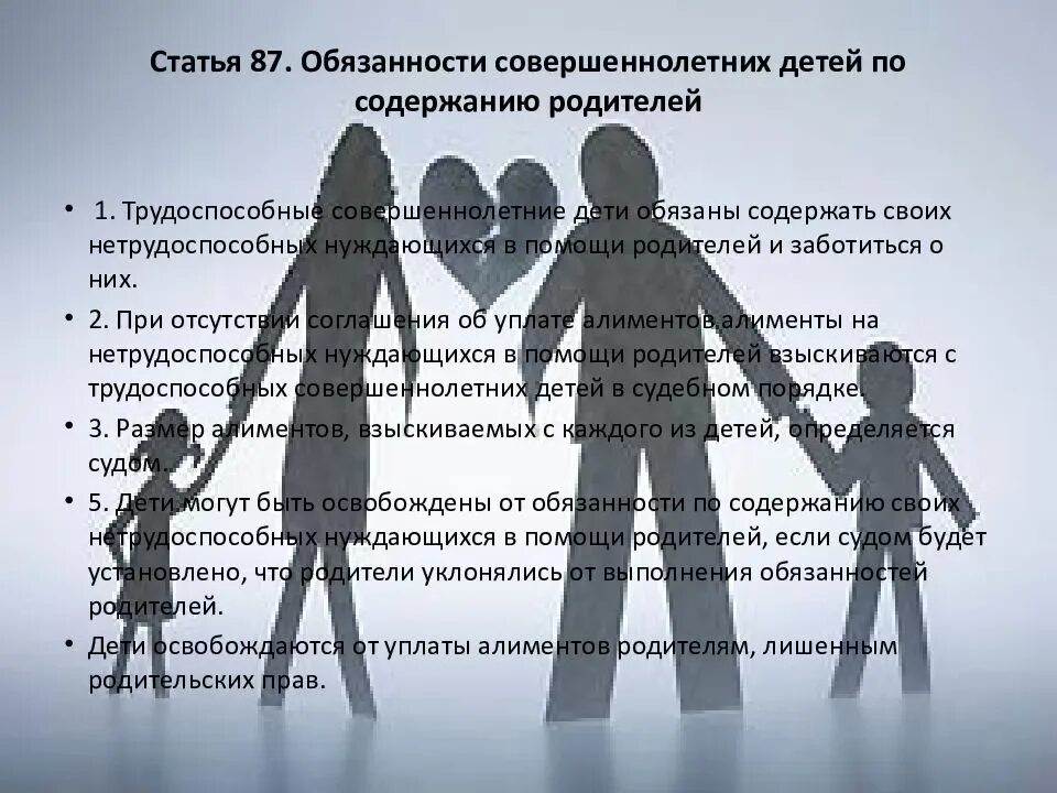 Законный представитель супруги. Обязанности совершеннолетних детей по отношению к родителям. Обязанности родителей по содержанию детей. Обязанности детей по содержанию своих родителей. Обязанности совершеннолетних детей.