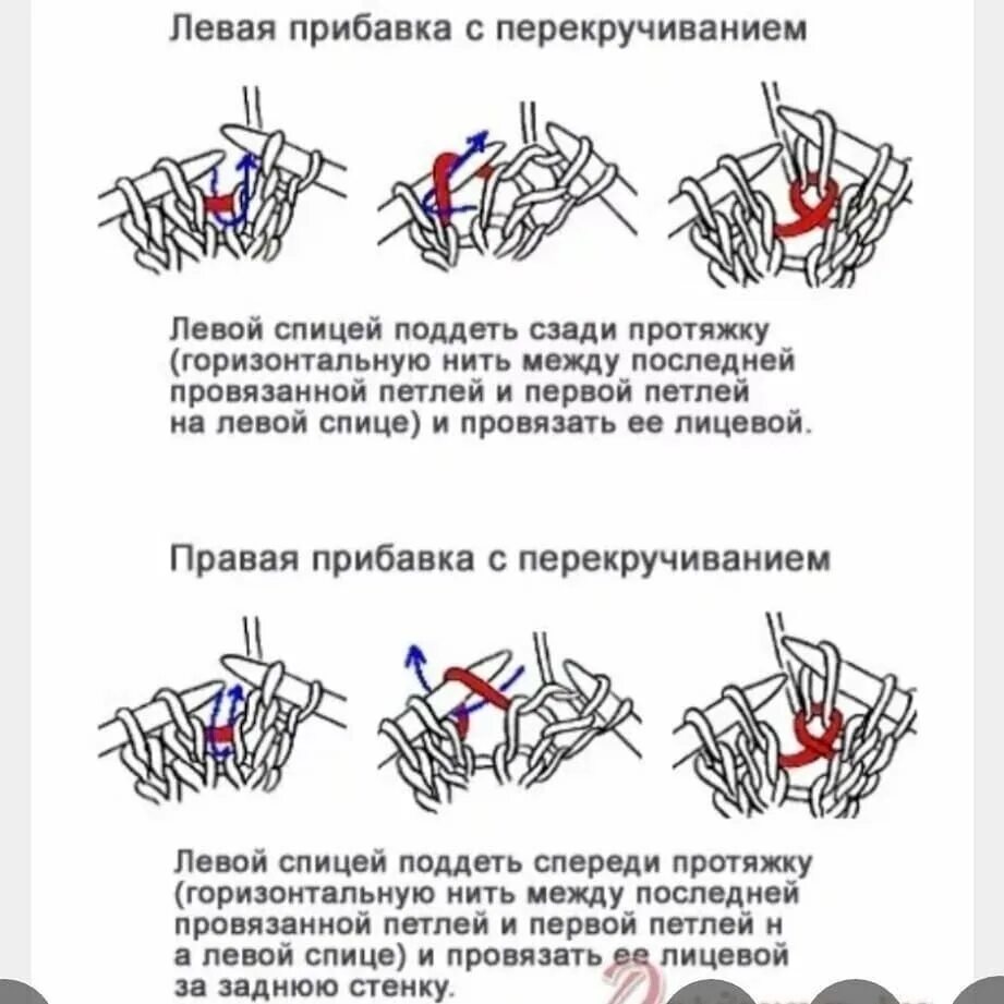 Протяжка вправо. Лицевая перекрученная петля спицами. Накинуть снятую петлю на провязанную. Прибавка петли из протяжки. Левая прибавка спицами.