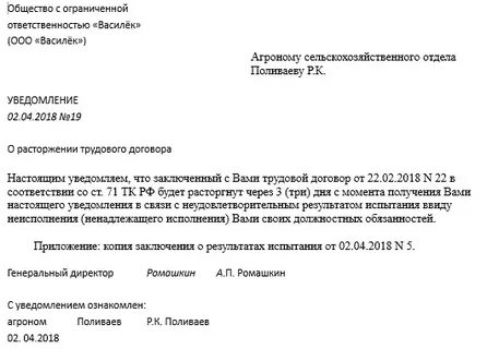 Уведомление о непрохождении испытательного срока
