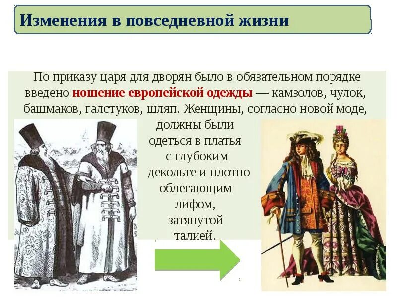 Русское общество и реформы. Образ жизни дворян. Одежда дворянского сословия. Изменения в одежде при Петре 1. Дворянский быт при Петре.