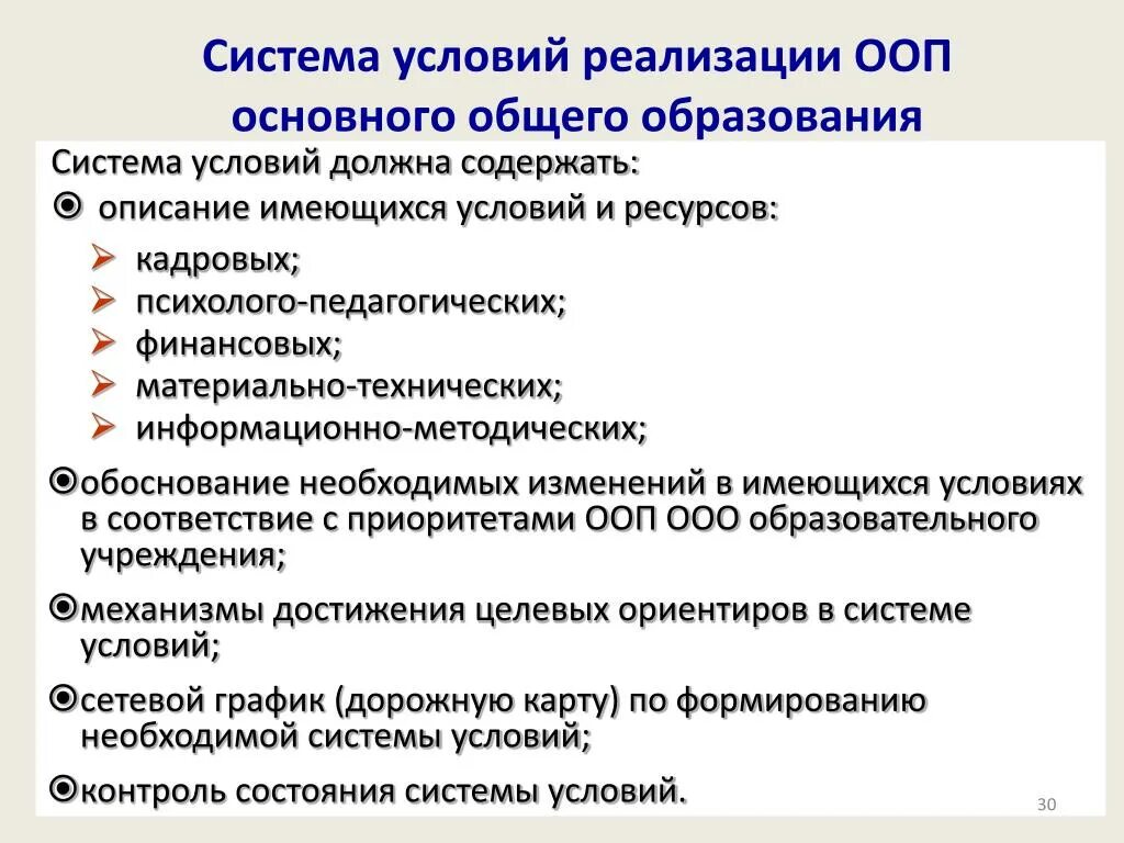 Условия реализации изменений. Система условий реализации ООП. Система условий. Механизмы реализации ООП ООО. Система условий реализации ООП ООО.