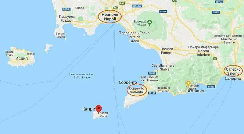 Капри на карте мира / Подробные карты Капри / Карта отелей