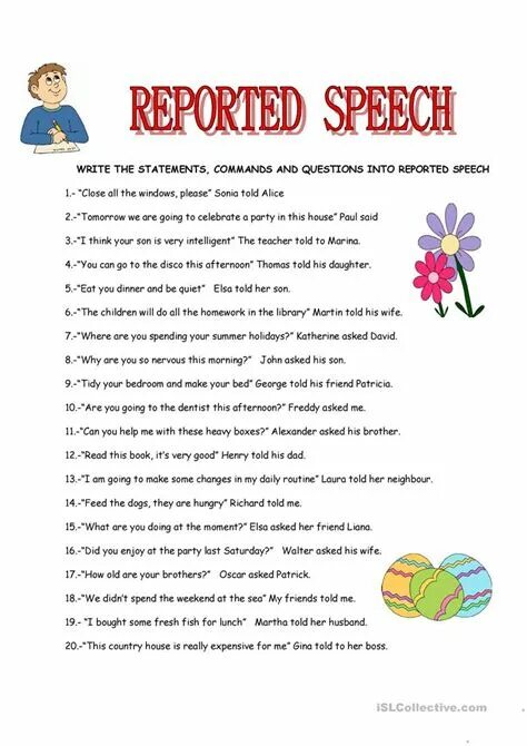 Reported speech orders. Reported Speech упражнения. Reported Speech ESL. Indirect Speech Worksheets. Direct Speech reported Speech exercises.