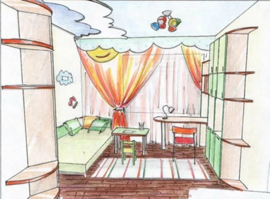 комната для рисования. интерьер изо. рисование комнаты с мебелью. моя комната рисунок. эскиз детской комнаты для мальчика.