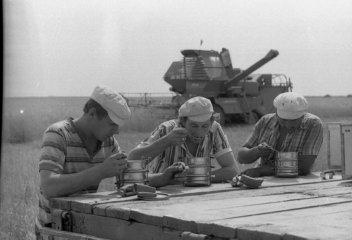 Добрые советские времена. Обед комбайнёров СССР 1984. Жизнь в СССР. Обед в поле СССР. Советские фотографии.