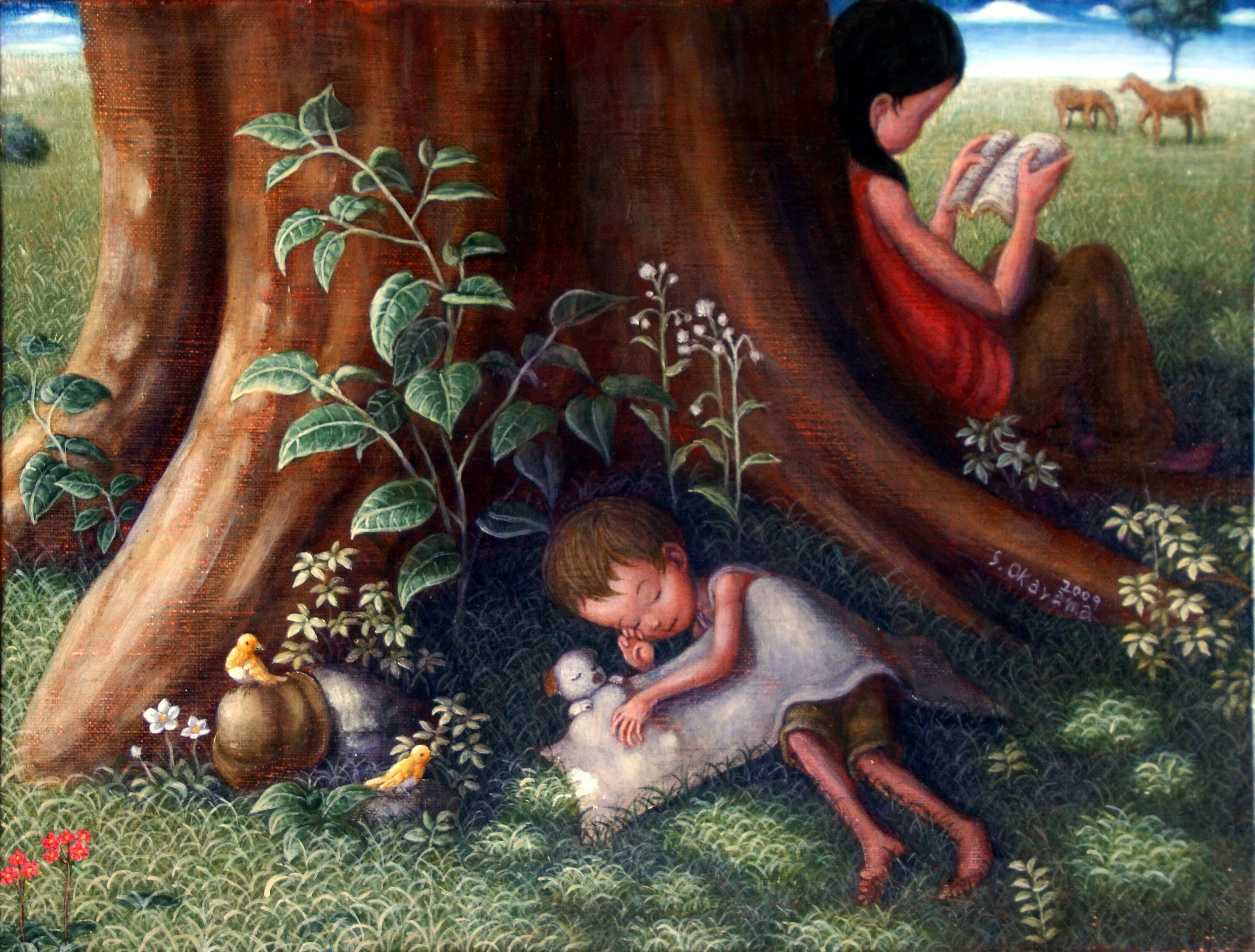 Человек под дубом. Японский художник Shinya Okayama. Художник иллюстратор Shinya Okayama. Художник Шинья Окаяма. Дети под деревом.