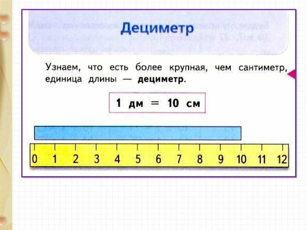 Презентация по математике 1 класс дециметр. Единицы длины дециметр 1 класс. Дециметр задания по математике. Дециметры в сантиметры. Дециметр конспект урока.