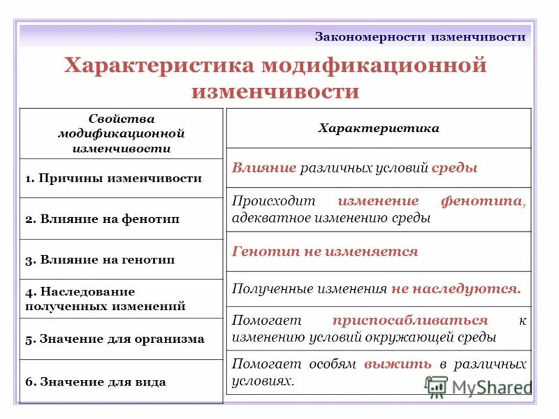 Признаки обусловленные генотипом. Причины возникновения модификационной изменчивости. Типы модификационной изменчивости таблица. Свойства мутационной изменчивости таблица. Особенности модификационной изменчивости причины изменчивости.