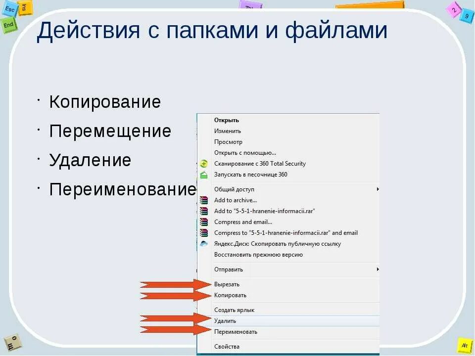 Укажите действия с данными. Работа с папками и файлами. Выполнять операции с файлами и папками. Основные операции с файлами и папками. Перечислите основные операции с файлами и папками.