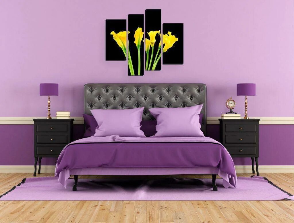 Спальня в сиреневых тонах. Фиолетовая спальня. Фиолетовая стена. Сиреневый цвет в интерьере.