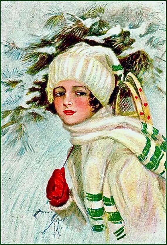 Зимний винтаж. Харрисон фишер зимние иллюстрации. ретро-дамы в зимнем. винтажные девушки зимой. зимнее ретро женщина.