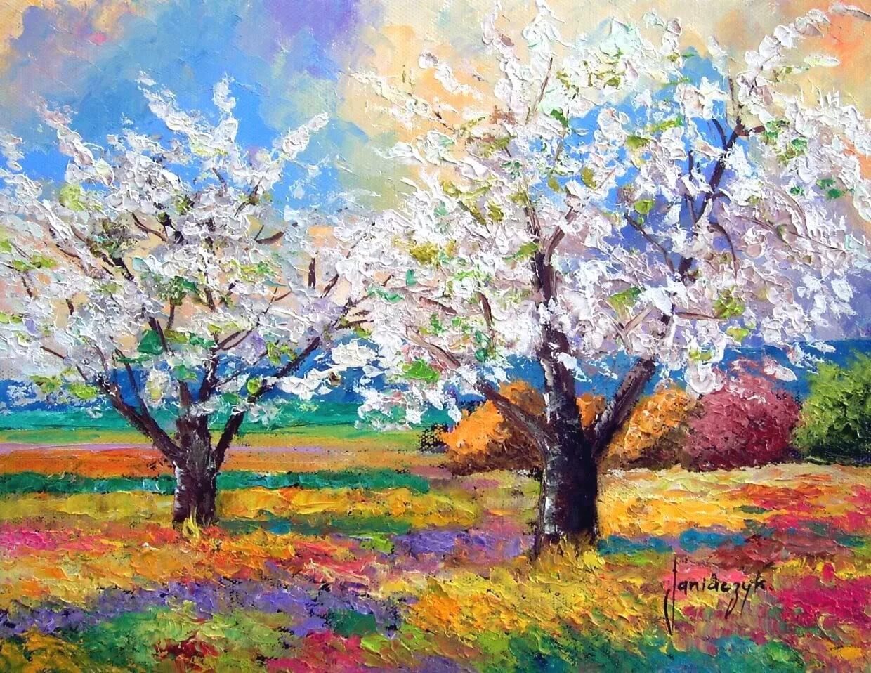 Painting pictures. Жан Марк Янячик Весна. Жан Марк Янячик картины Весна. Жан-Марк Жаньячик картина яблоня Цветущая. Картина Жан марка Янячика Весна.
