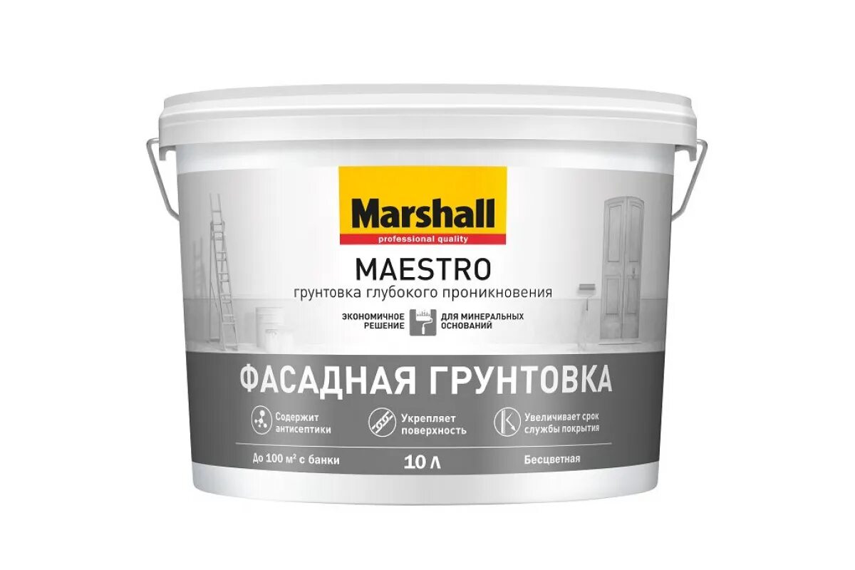 Какая краска для фасадных работ лучше. «Marshall Maestro фасадная грунтовка». Marshall Maestro фасадная акриловая 9л. Краска Marshall Akrikor 0,9л (силикон-акриловая фасадная, матовая, база BW). Краска Маршал маэстро для фасада.