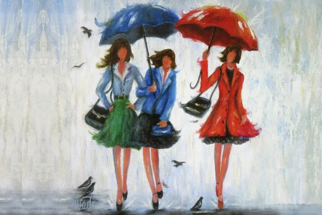 Подруги под зонтом. Девушка с зонтиком. Трое под зонтом. Современные подруги живопись. Rain sisters