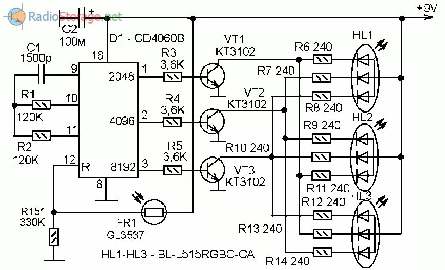 Схема включения RGB светодиода. Схема светодиодного ночника на cd4060. Схемы управления RGB светодиодами на контроллерах. 4060 Микросхема схема включения.