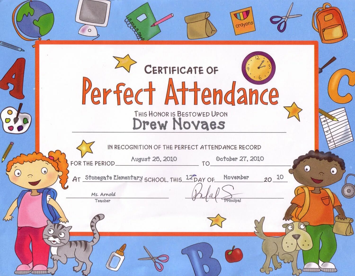 Certificate of attendance for Kids. Perfect attendance Certificate. Certificate in English for Kids.