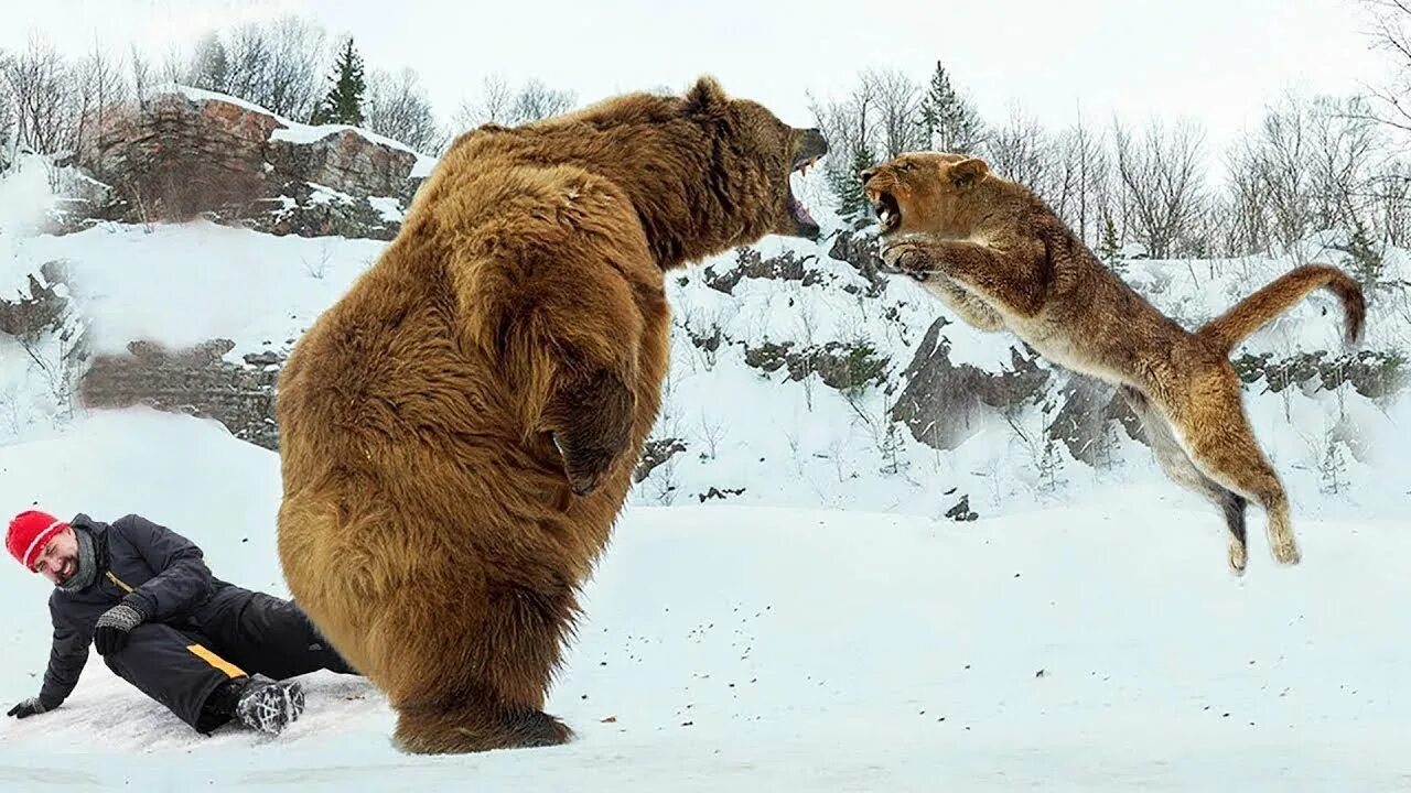 Включи кот и медведь. Человек спасается от медведя.