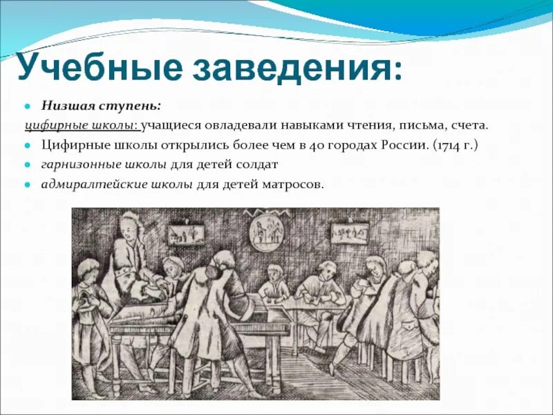 Цифирные школы при Петре 1. Цифирная школа 18 века в России. В каком веке открыли школу