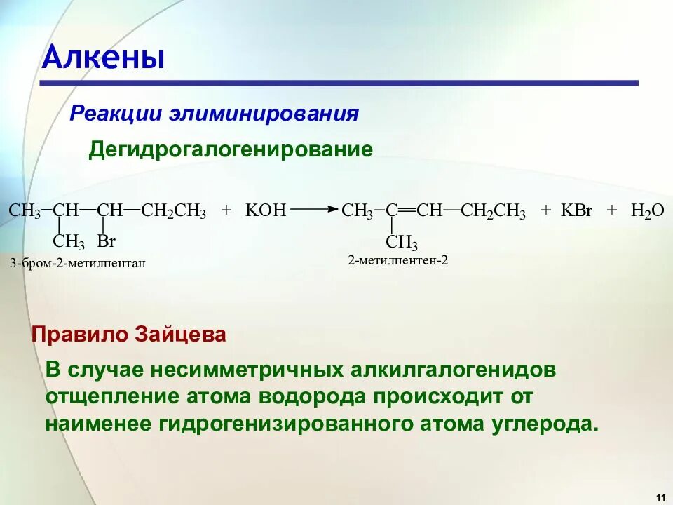 Реакция элиминирования правило Зайцева. 2, 1 Алкен. Алкены реакция со2. Реакции дегидрогалогенирования примеры.