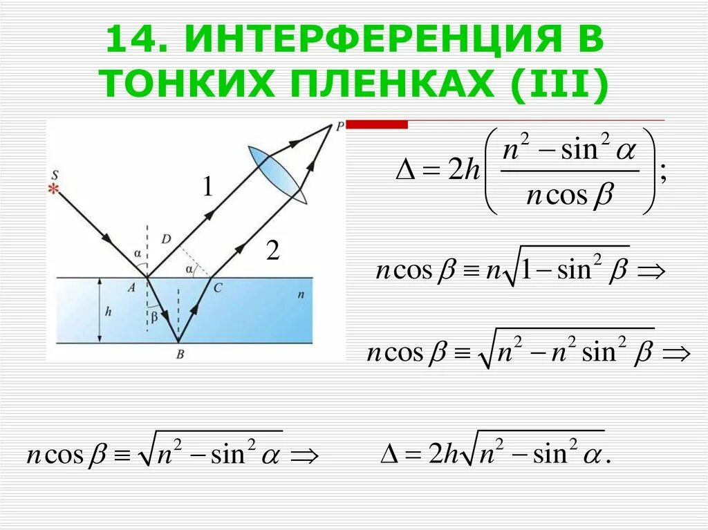 Интерференция веществ. Интерференция в тонких пленках формула. Интерференция света в тонких пленках формулы. Интерференция в тонких пленках ход лучей. Интерференция света в тонких пластинках (пленках).