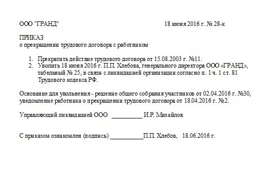 В связи с прекращением полномочий. Приказ об увольнении генерального директора. Приказ об увольнении директора в связи с ликвидацией ООО образец. Приказ об увольнении директора ООО при ликвидации. Приказ о досрочном увольнении при ликвидации организации образец.