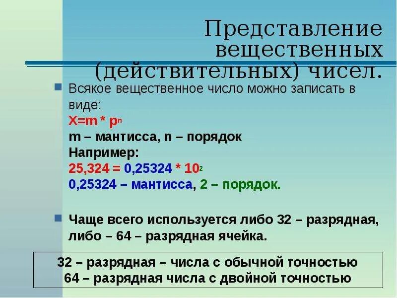 Представление вещественных чисел в памяти компьютера. Представление числа в памяти компьютера Мантисса. Представление вещественных чисел в компьютере. Представление вещественных чисел в памяти компьютера 10 класс. Точность вещественных чисел