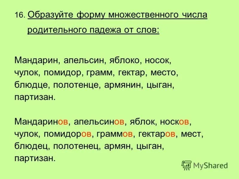 Образуйте форму родительного падежа множественного числа. Апельсины в родительном падеже множественного числа. Множественное число родительный падеж слова мандарин. Помидоры в родительном падеже множественного числа. Слова женского рода множественного числа родительного падежа