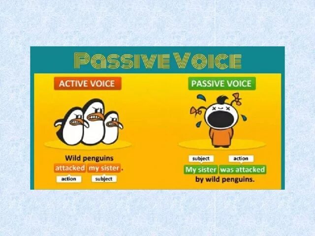 Passive Voice Penguins. Wild.Voice. Wild Penguins Attacked my sister. Activity voice