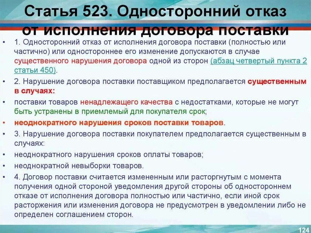 Ответственность за нарушение сроков договора. Односторонний отказ от договора. Отказе от исполнения контракта. Односторонний отказ поставщика от исполнения договора поставки. Основания для одностороннего отказа от договора.