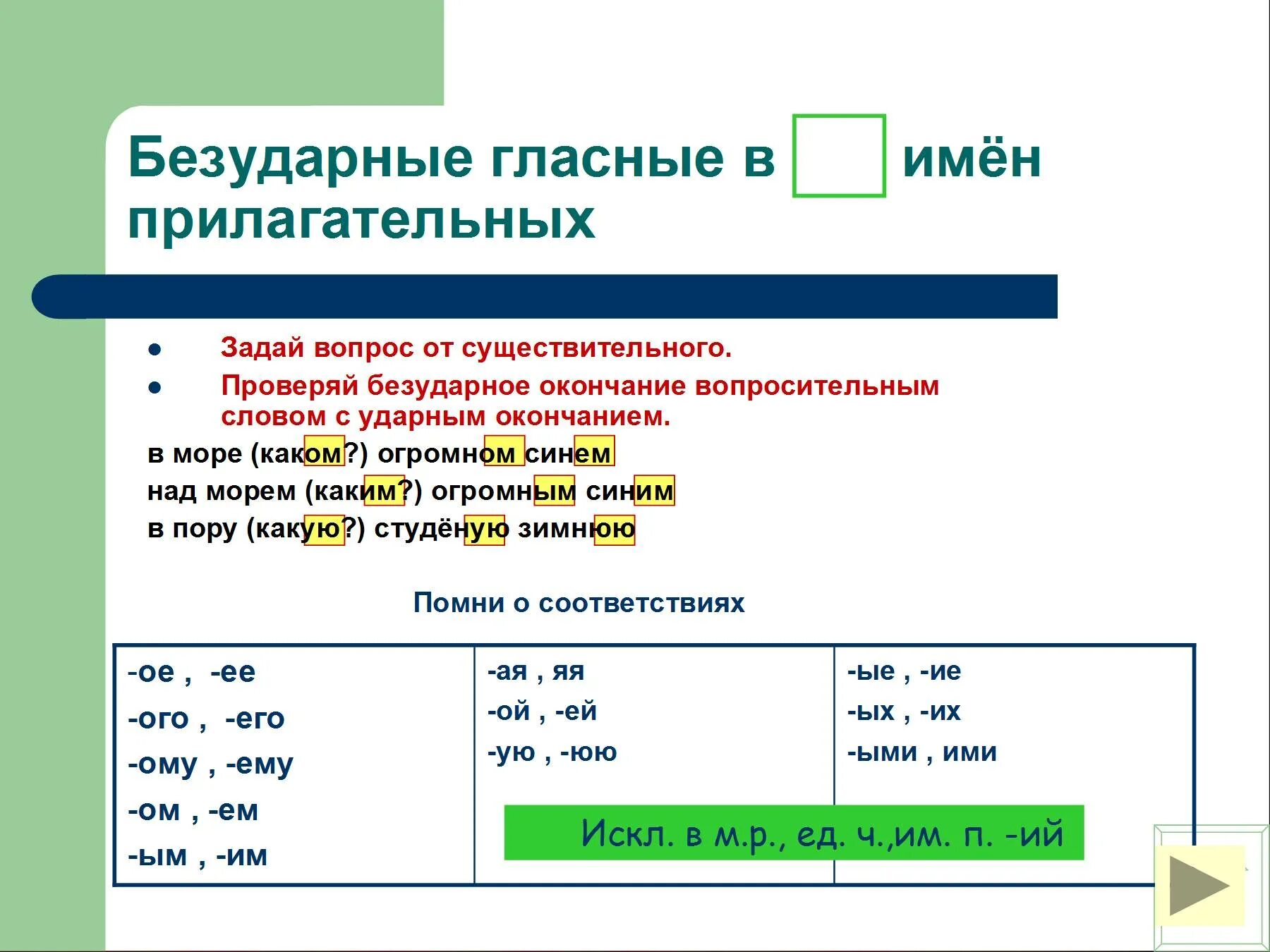 Море какое окончание. Безударные гласные в прилагательных. Прилагательные с ударным окончанием. Безударные гласные в окончаниях прилагательных примеры. Безударные гласные в окончаниях имен прилагательных.