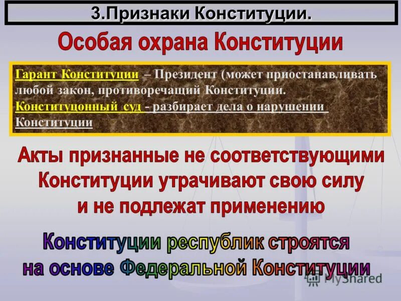 Особые признаки конституции. Особая защита Конституции. Закон противоречащий Конституции. Особая охрана Конституции. Охрана Конституции : понятие.