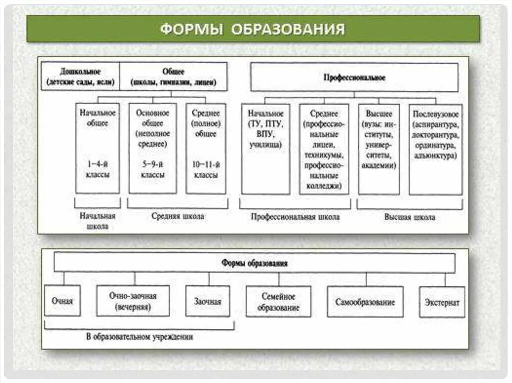 Уровни образования в рф в школе. Уровни образования формы обучения правовые аспекты таблица. Виды, уровни и формы получения образования в виде таблицы. Виды образования Обществознание. Формы образования Обществознание.