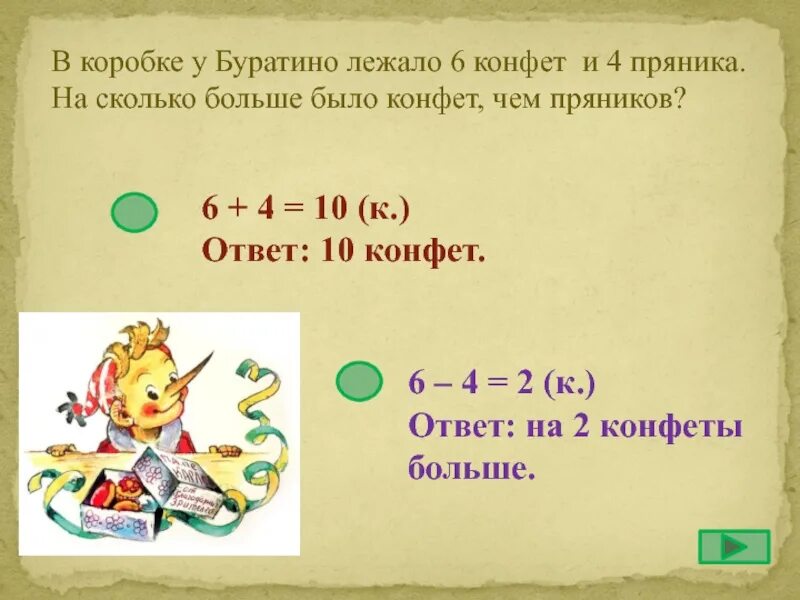 У вали есть конфеты 6. 4 Пряника и 4 конфеты задачка. Имеется 5 конфет и 4 пряника. Решить задачку 1 конфетки и один пряник. Буратино и коробка.