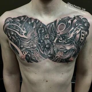 Black and grey Japanese chest piece with oni mask and samurai Kol Dövmeleri...