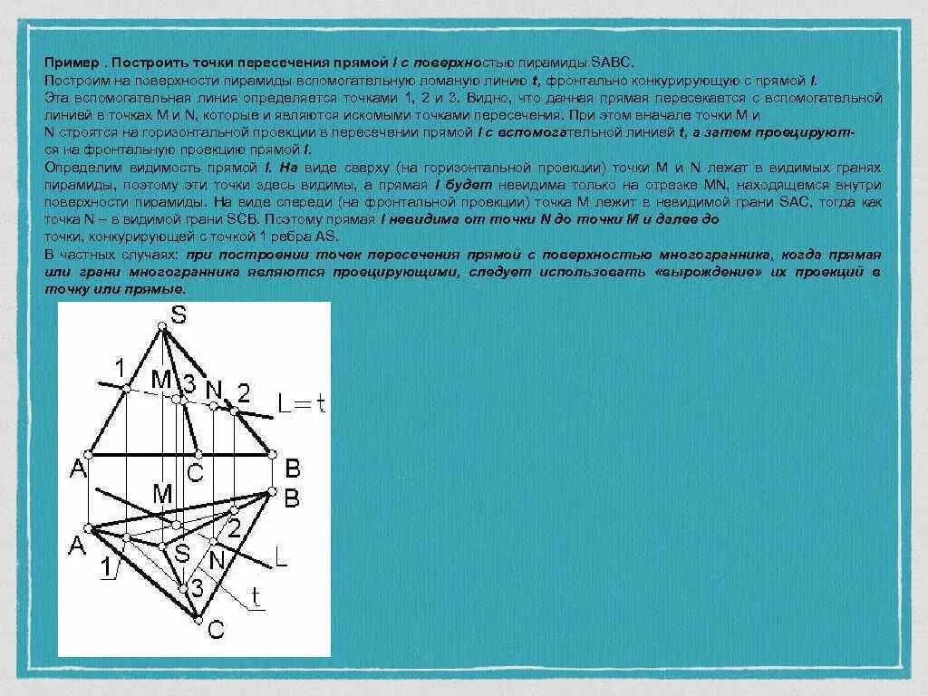 Проекция пересечения прямой пирамиды. Построить точки пересечения прямой с поверхностью пирамиды. Точки пересечения прямой с пирамидой. Проекция точек на пирамиде. Определение точек на поверхности