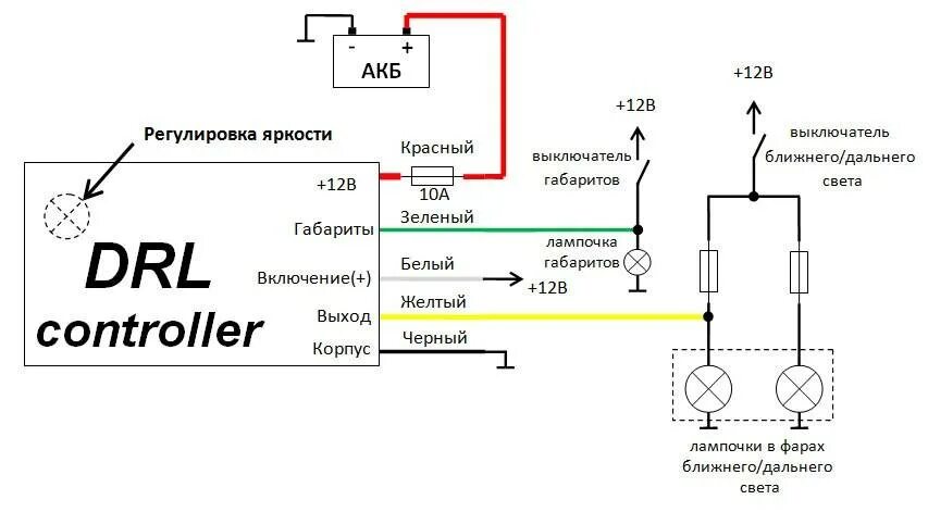 Схема подключения контролера ходовые огни. DRL контроллер подключение схема. DRL Controller схема подключения. Схема подключения дневных ходовых огней с функцией поворотника. Подключение контроллера дхо