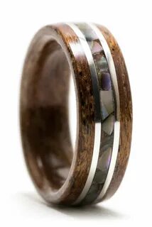 Mahogany Wood Ring With Silver And Abalone Shell Inlay Деревянные Кольца, Б...