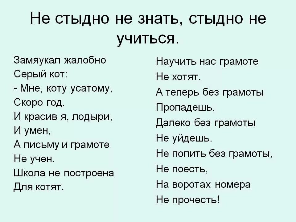 А теперь без грамоты пропадешь. Пословица не стыдно не знать. Пословица не стыдно не знать стыдно не учиться. Не стыдно не знать стыдно. Стих кот и лодыри.