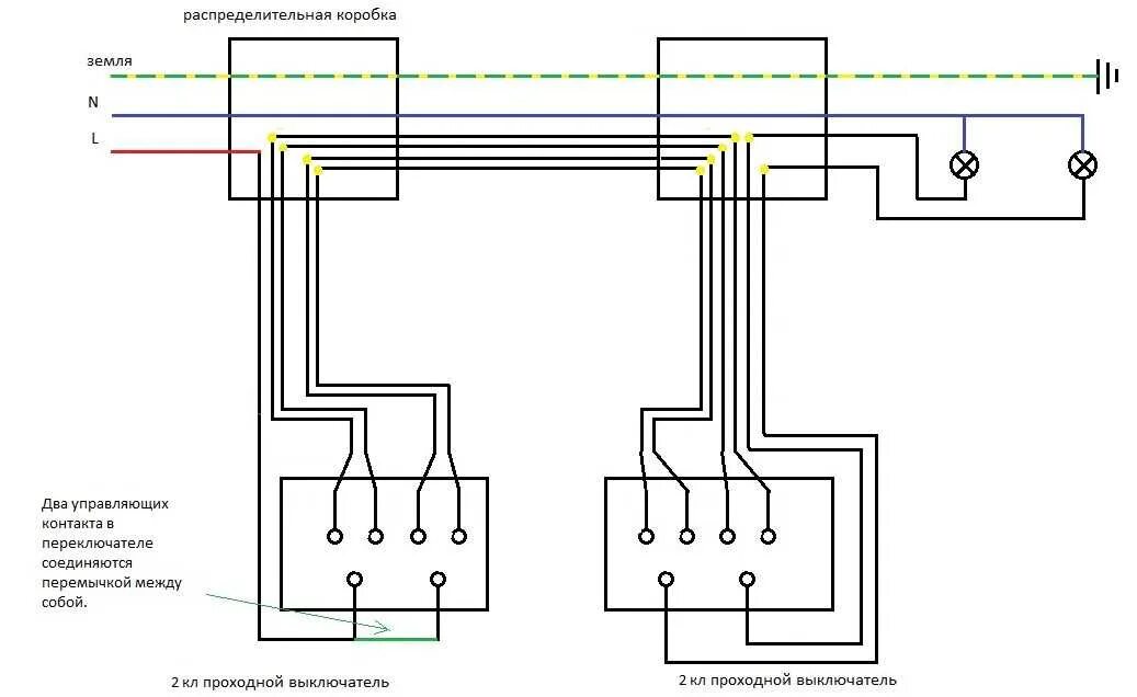 Схема подключения двойного проходного выключателя. Схема подключения двойного проходного переключателя. Схема подключения двойного проходного включателя. Проходные выключатели двойные схема подключения. Двухклавишный проходной трех мест