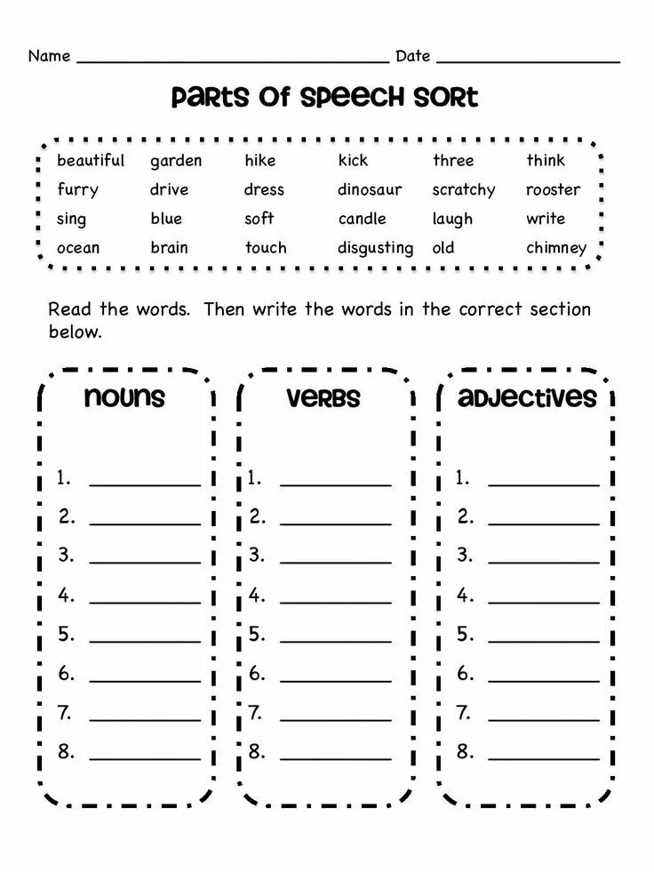 Sort and write. Parts of speech. parts of speech sort. parts of speech in english exercises. parts of speech worksheets.