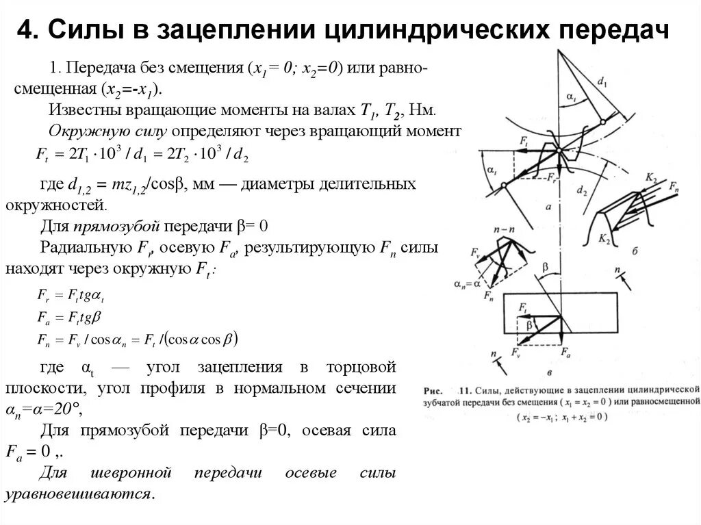 Силы в зацеплении прямозубой цилиндрической передачи. Определить нормальную силу в зацеплении зубьев колес. Силы в зацеплении зубчатых колес. Силы зацепления цилиндрических передач.