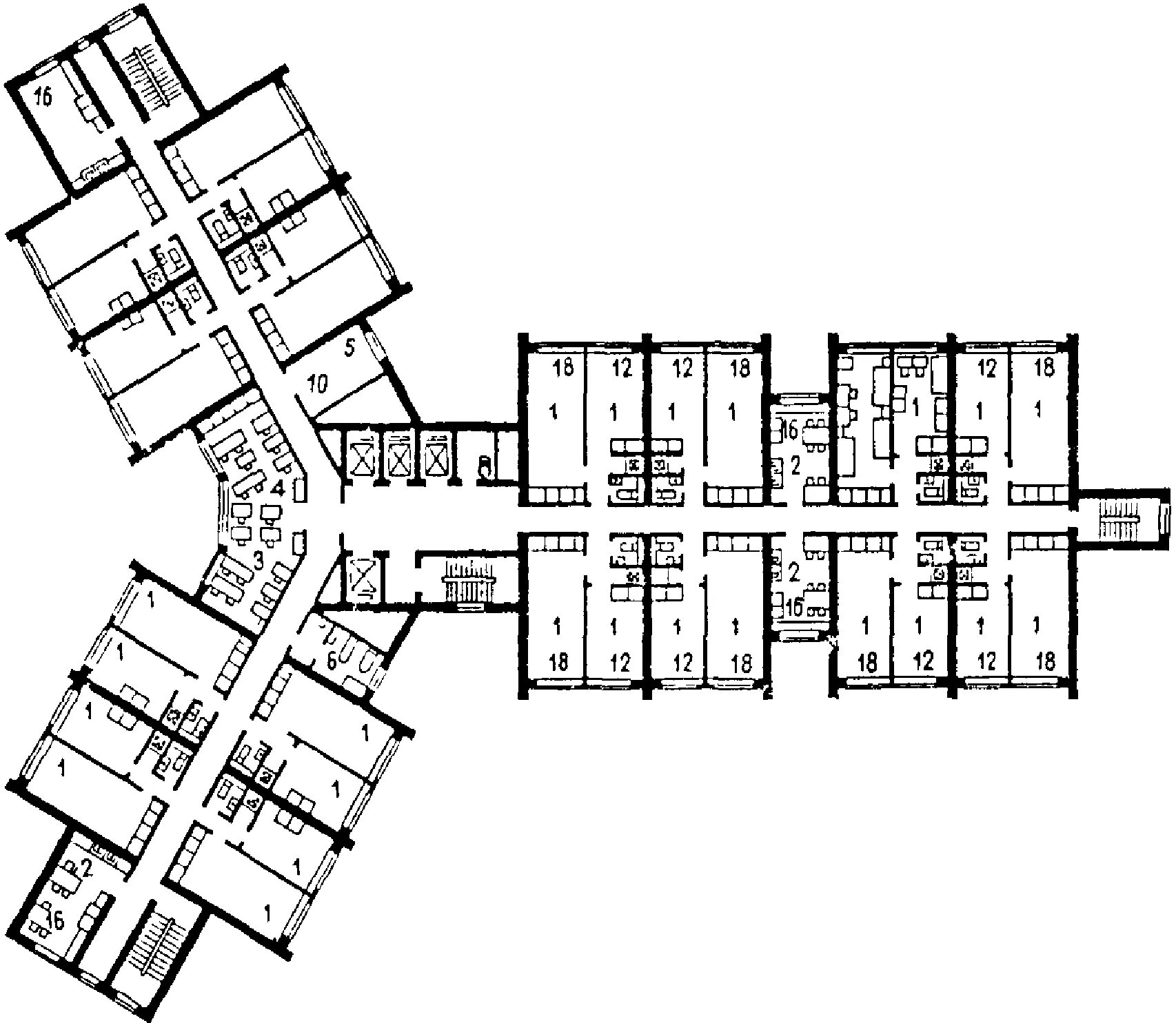Планировка общежития коридорного типа планировка. Жилые здания секционного и коридорного типа. План общежития коридорного типа. Типовой проект общежития коридорного типа.