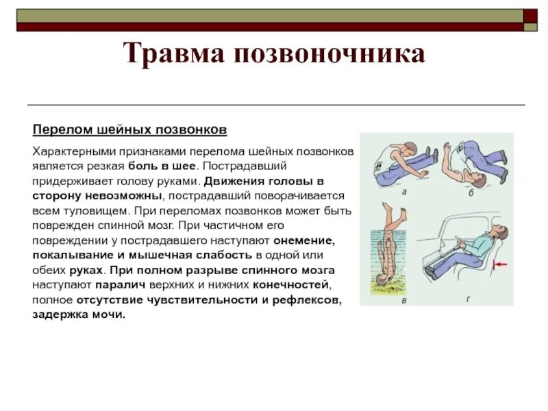 Клинические симптомы травмы позвоночника. Основные симптомы перелома позвоночника. Переломы и травмы позвоночника. Перелом шейных позвонков симптомы. Осложнения перелома позвоночника