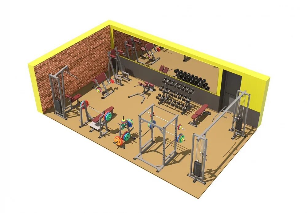 Проект тренажерного зала. Модульный спортзал. Интерьер спортзала для фитнеса. Визуализация спортивного зала. Проектирование спортзала.
