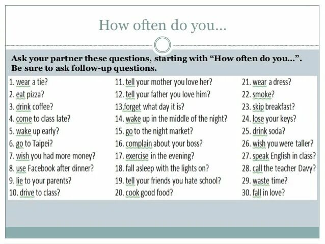 The question is often asked. Вопросы с how often. Вопросы how often do you. Предложения с how often. How often упражнения.