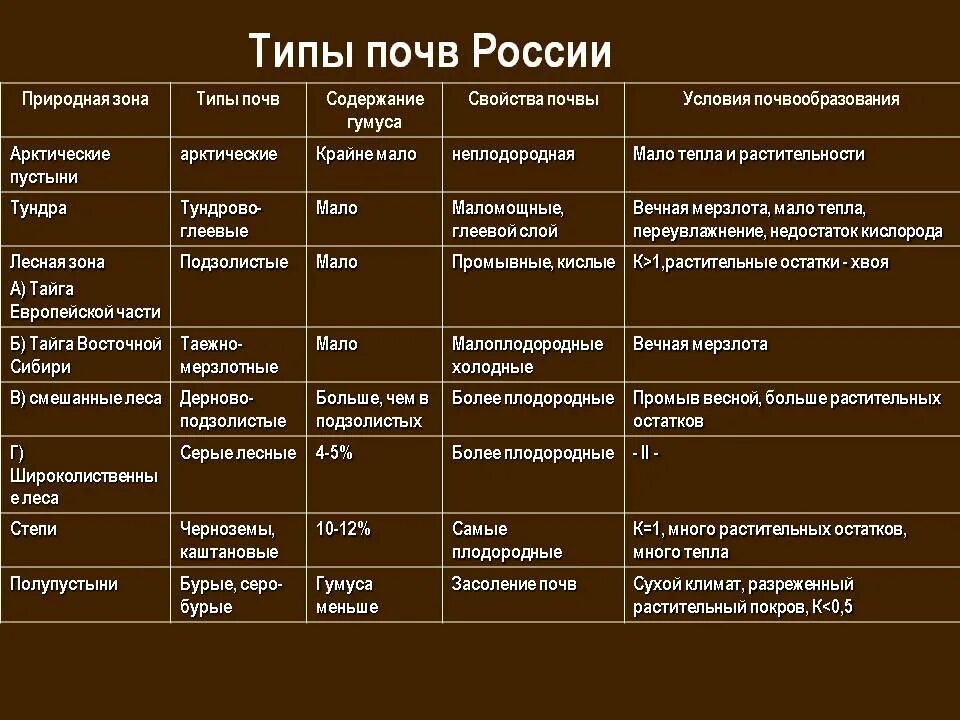 Укажите различия разных типов лесных почв. Характеристики основных типов почв россии таблица. таблица типы и свойства почв россии. таблица по географии характеристика типов почв в россии. типы почв россии таблица.