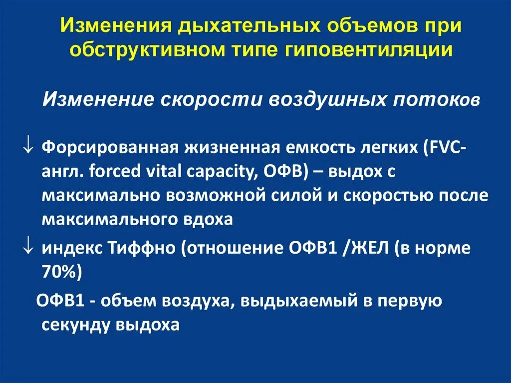 Почему изменилось дыхание. Дыхательная недостаточность изменение объемов. Индекс Тиффно при обструктивном типе дыхательной недостаточности. Офв1 при обструктивном типе. Изменения при гиповентиляции.