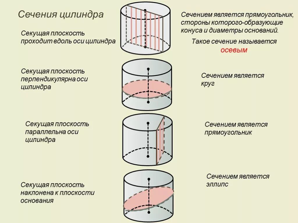 Сечение цилиндра перпендикулярное основанию. Сечение цилиндра перпендикулярное образующей. Осевое сечение перпендикулярное оси цилиндра. Сечение перпендикулярное оси цилиндра. Величины характеризующие цилиндр